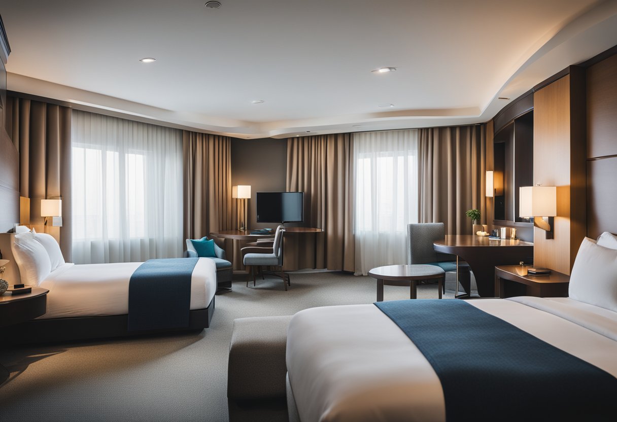 A hotel room with two double beds, a desk, TV, and a bathroom