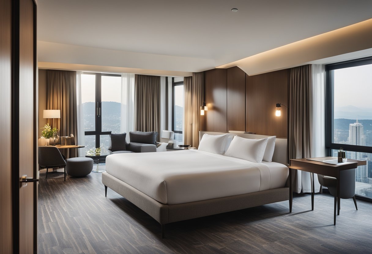 A spacious hotel room with a king-sized bed, a cozy sitting area, a large window with a view, and a modern en-suite bathroom