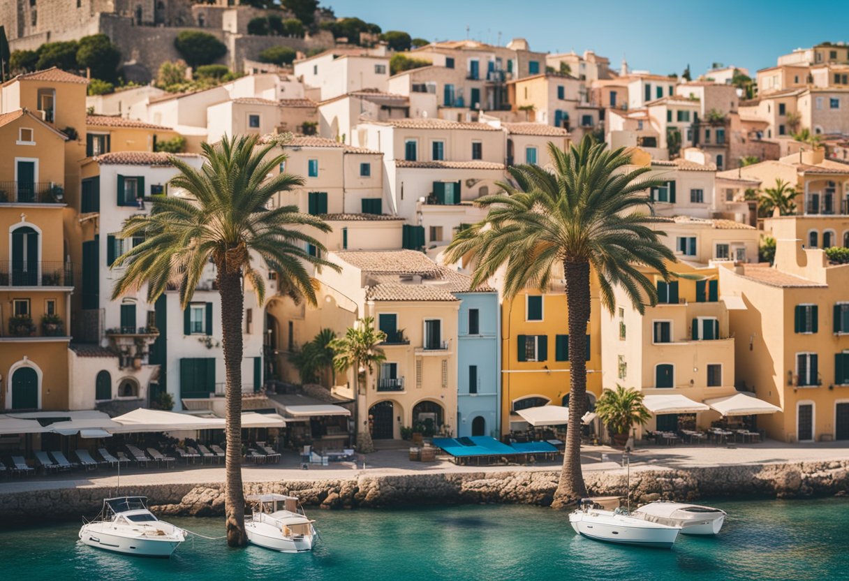 A picturesque Mediterranean coastal town with colorful buildings, cobblestone streets, and a bustling harbor. Palm trees sway in the gentle sea breeze