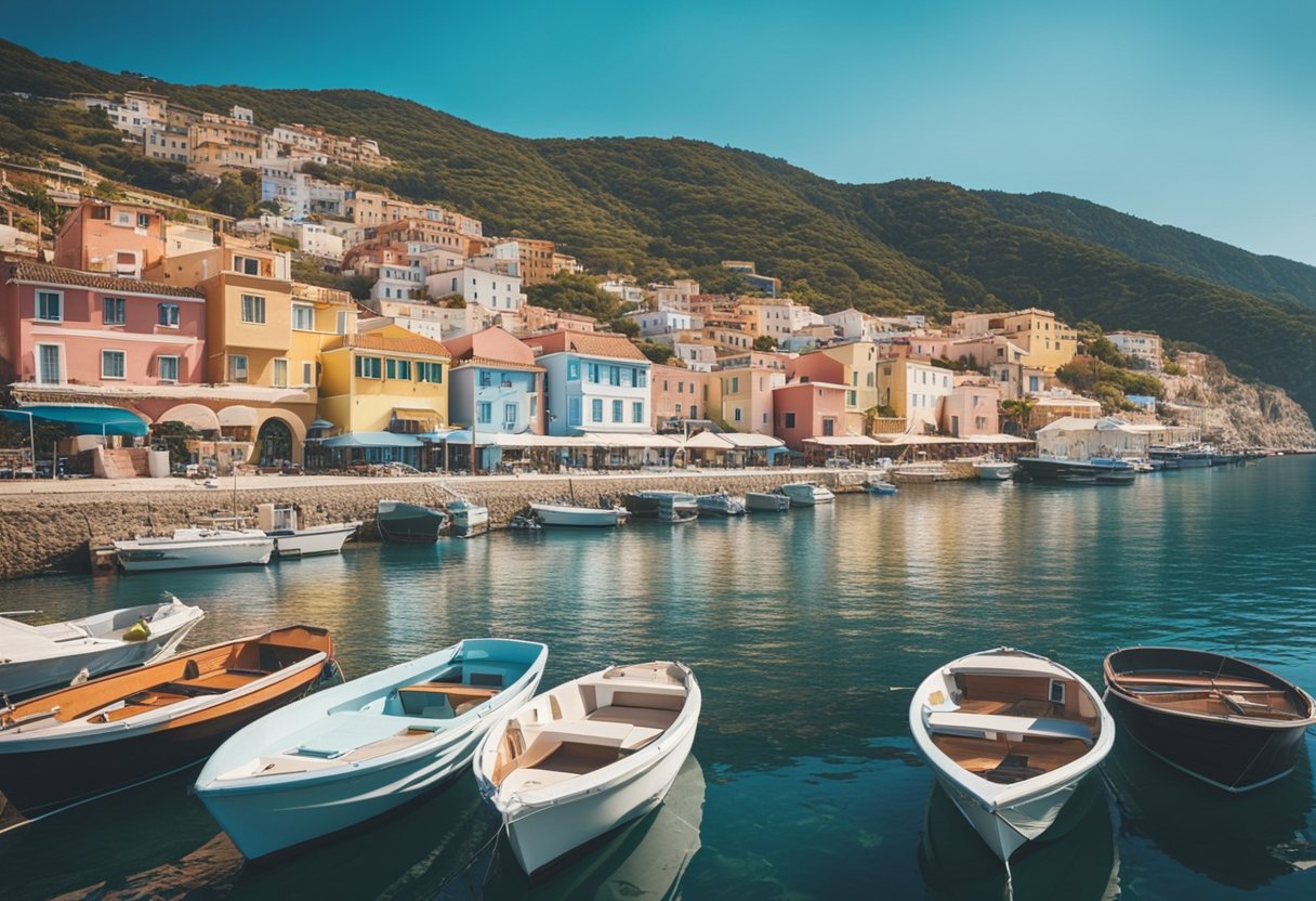 A coastal town with colorful buildings and boats, surrounded by hills and a clear blue sky