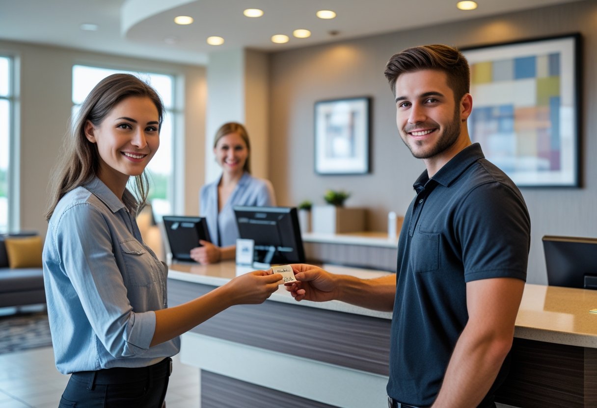 A young adult couple receiving a hotel room key from a receptionist in a modern hotel lobby.