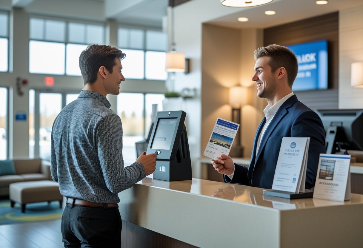 A young adult guest speaking with a hotel receptionist in a bright, modern hotel lobby.