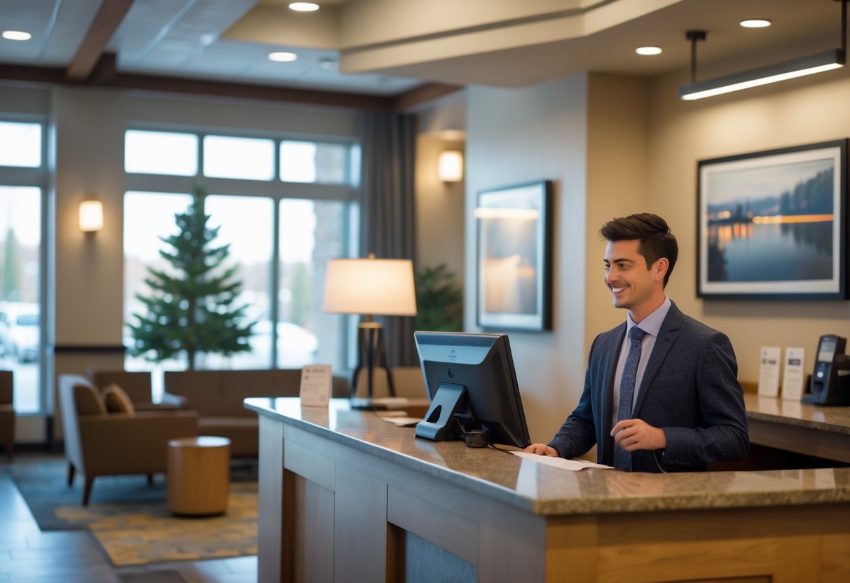 A hotel receptionist assisting a young adult guest at a hotel front desk in a bright and welcoming lobby.