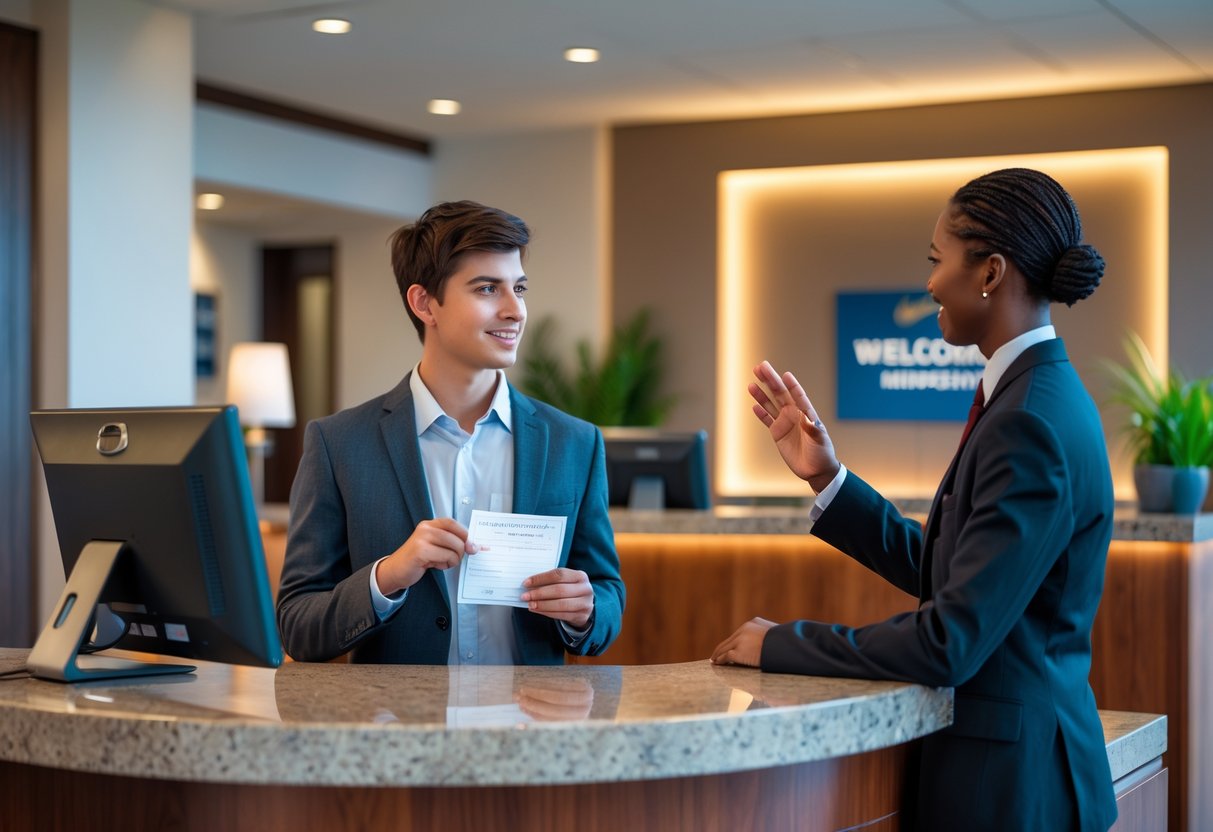 A young adult talking to a hotel receptionist at the front desk in a modern hotel lobby.