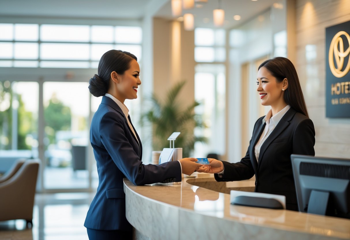 A hotel receptionist assisting a guest at the front desk in a bright, modern hotel lobby.