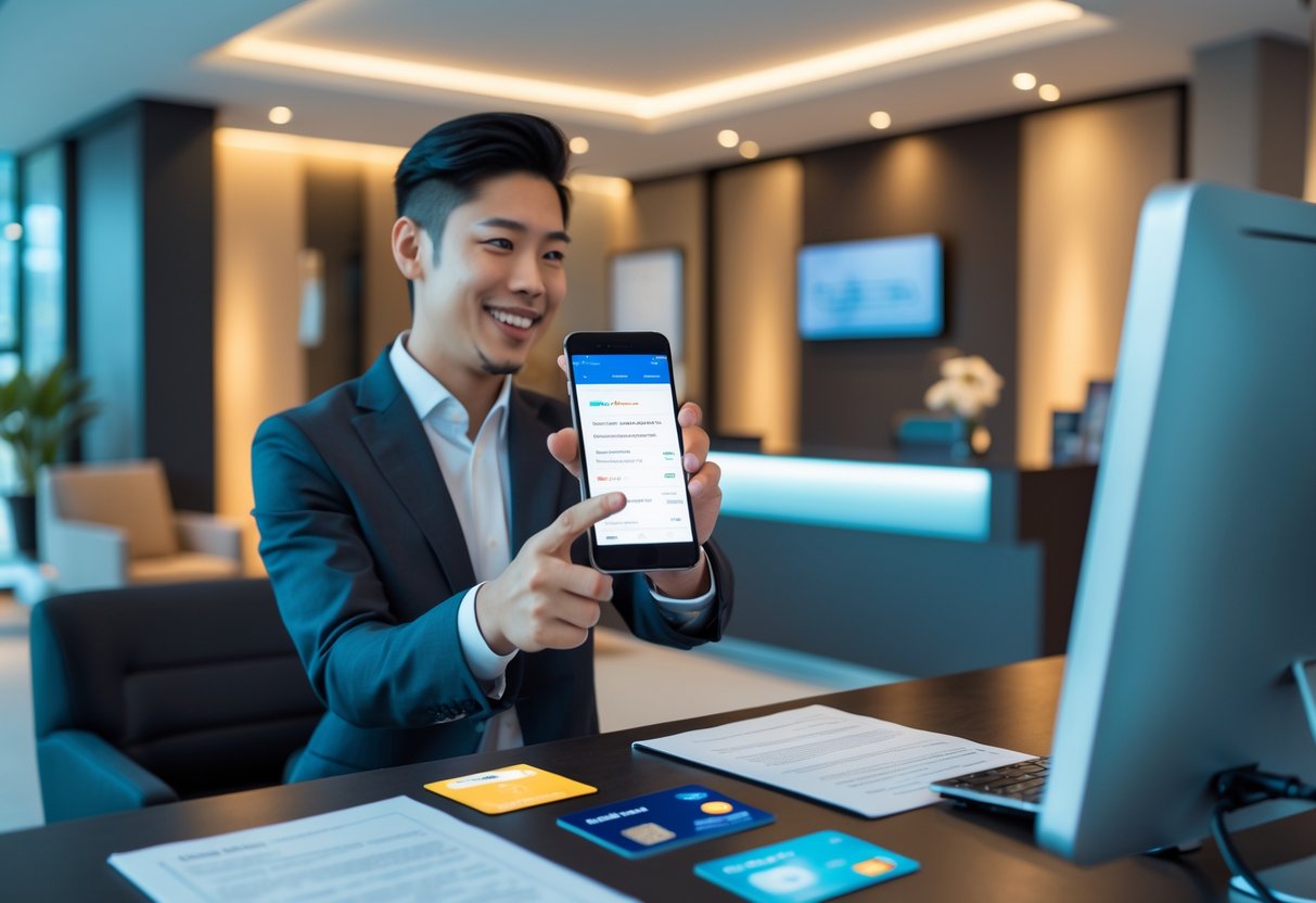 A hotel receptionist helping a guest with a smartphone at the front desk in a modern hotel lobby.