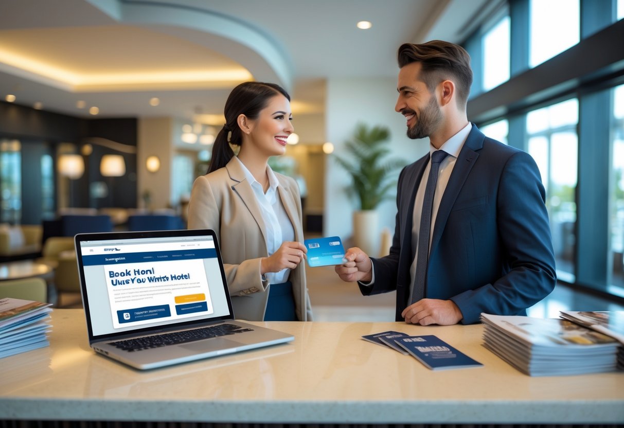 Traveler booking a hotel at the reception desk with a receptionist in a modern hotel lobby.