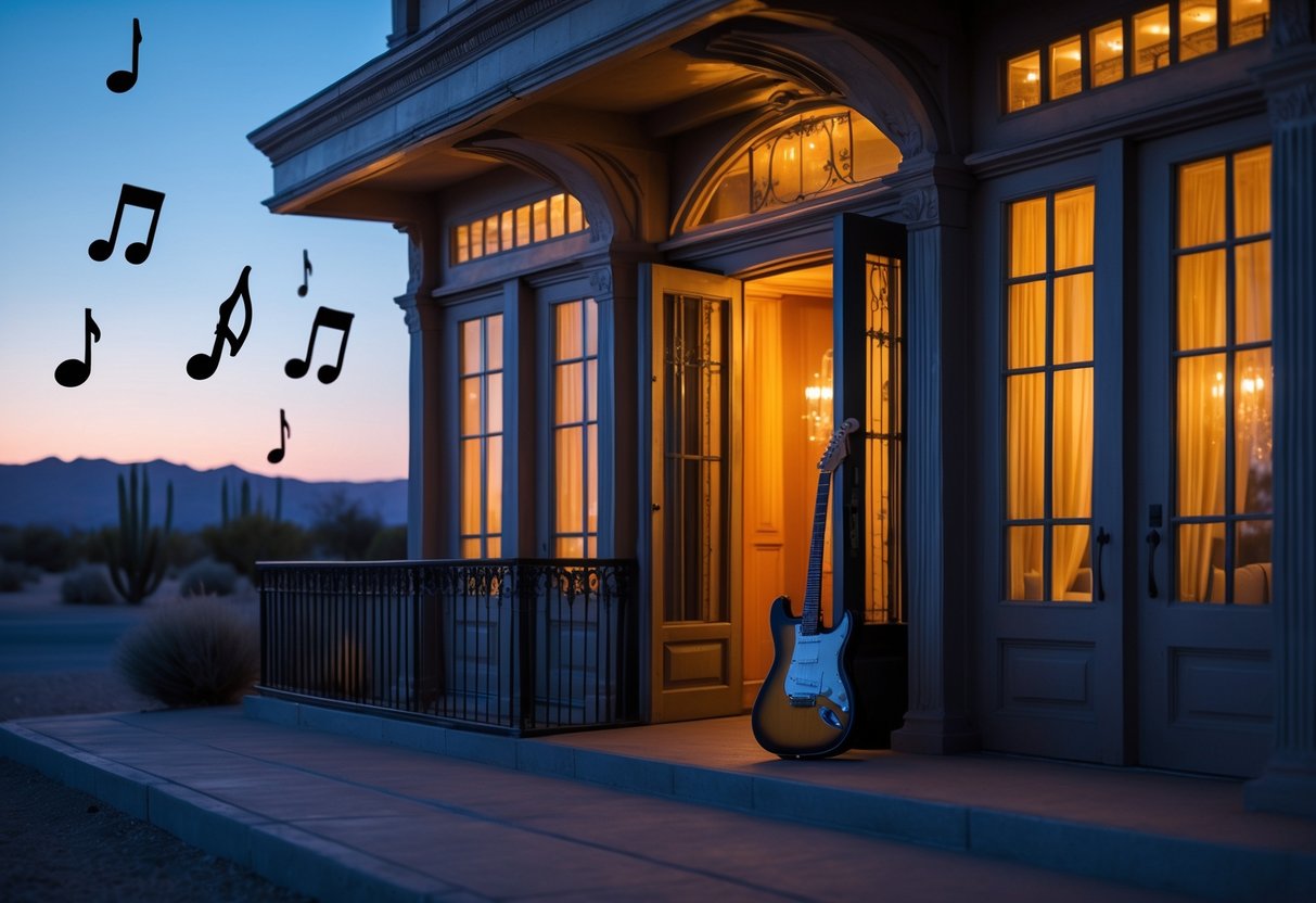 A twilight scene showing the entrance of an elegant hotel with warm lights, a vintage electric guitar leaning against a fence, and a desert landscape in the background.