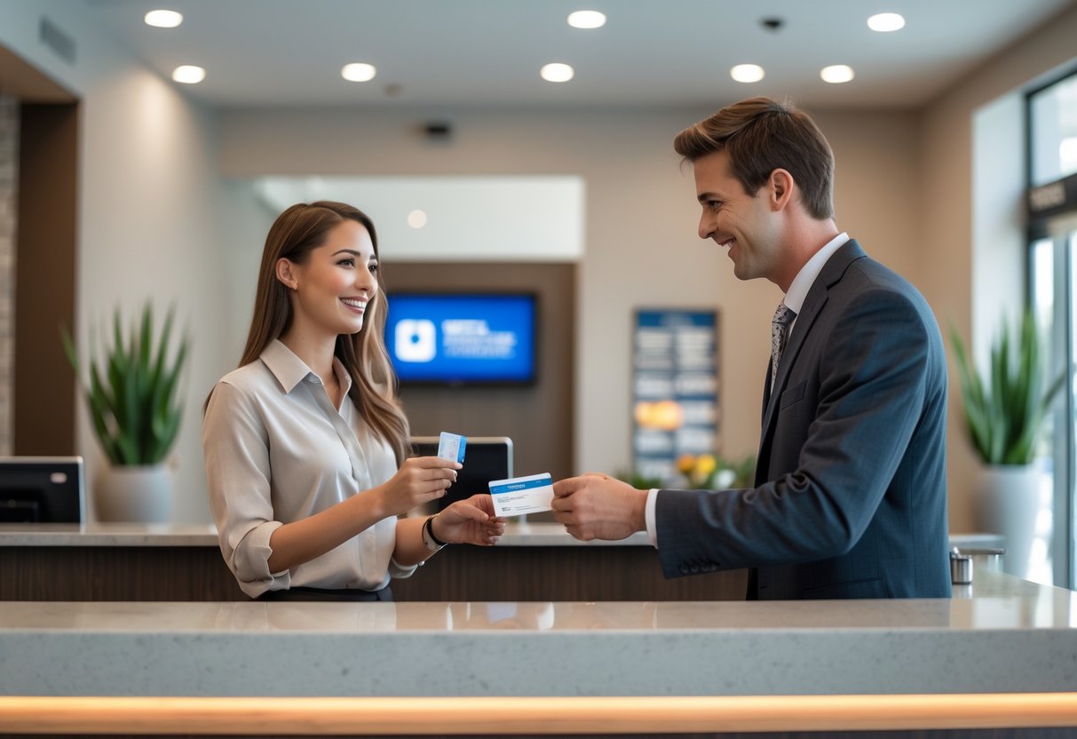 A hotel receptionist handing a room key to a young adult guest at the front desk in a modern hotel lobby.