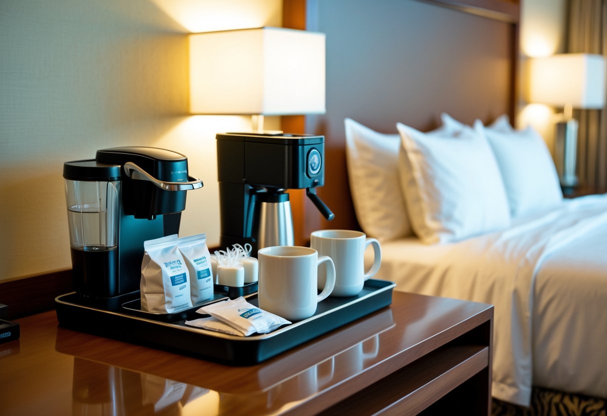A hotel room coffee station with a coffee maker, coffee supplies, and two white mugs on a wooden table next to a bed.
