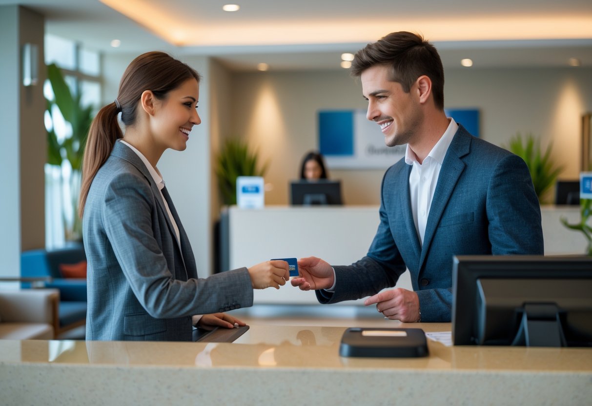 A hotel receptionist assisting a young adult guest at the front desk in a modern hotel lobby.