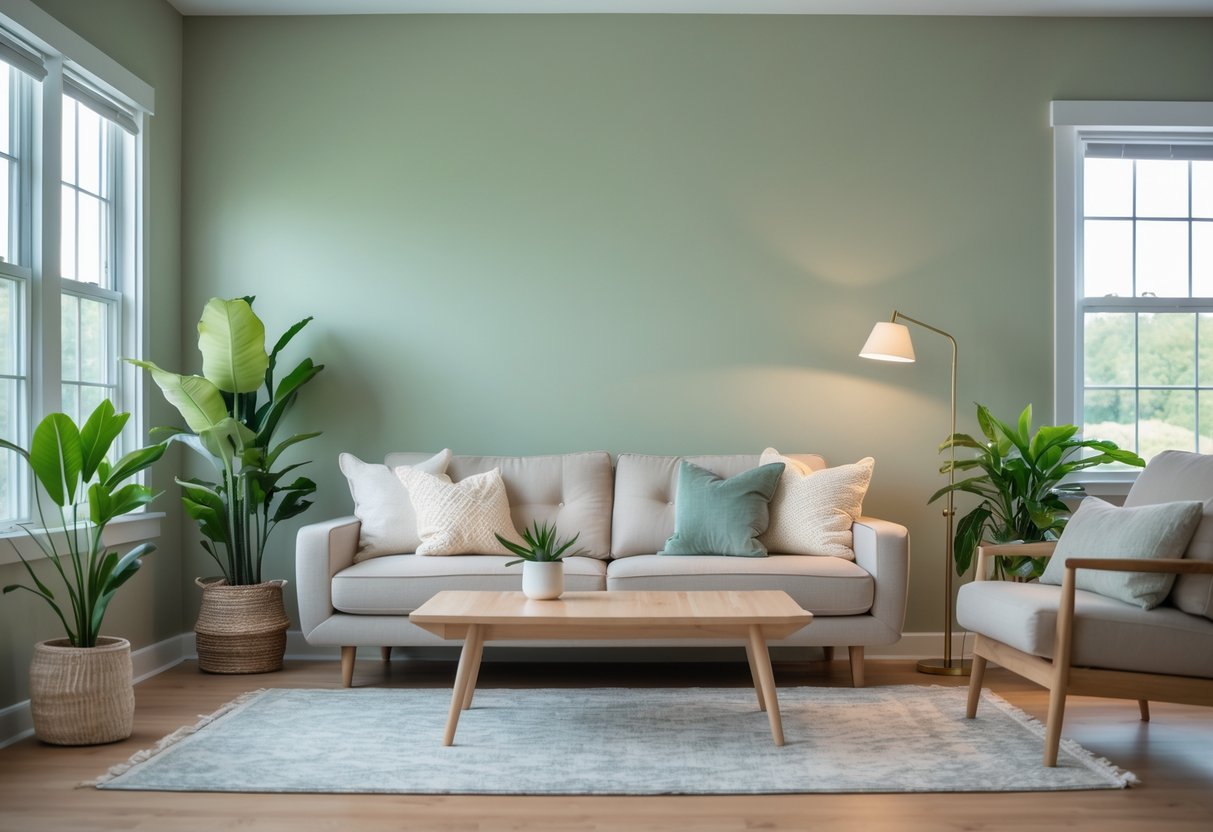 A living room with muted sage green walls, beige sofa, wooden coffee table, plants, and soft natural light.