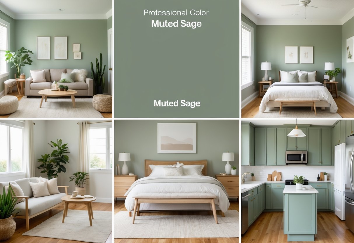 A collage of home interiors featuring muted sage green walls in a living room, bedroom, and kitchen with natural light and modern furniture.